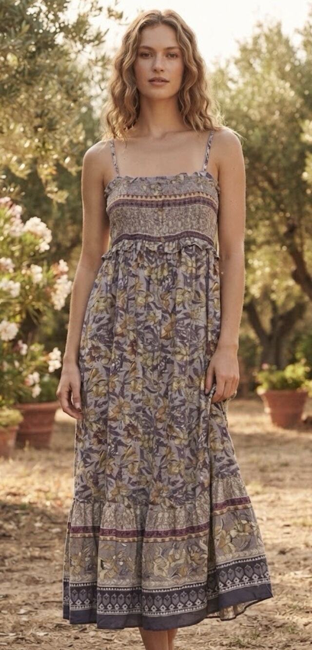 Becool Maxi Dress Womens L Purple Cream Floral Spaghetti Strap Tiered Hem Boho
